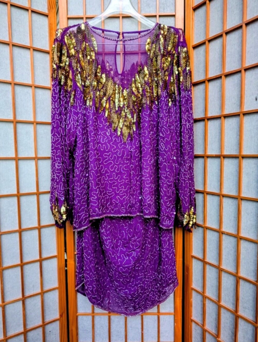 Vintage 2pc Hand Beaded Silk Skirt/Top Purple Gold Womens sz 24 by Erica Louis